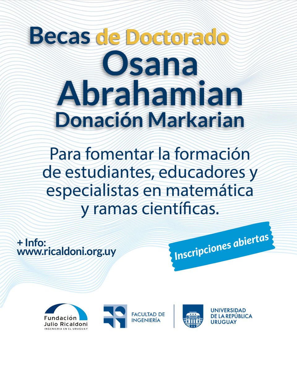 📢 ¡Convocatoria abierta!
Postulate a las becas de doctorado en Matemática del Programa de Becas de Fundación Ricaldoni.
📅 Plazo de postulación del 1 de julio 2025 al 17 de agosto 2025

📎 +info aquí: ricaldoni.org.uy/noticias/848-b…

#BecasFJR #Doctorado #Matemática