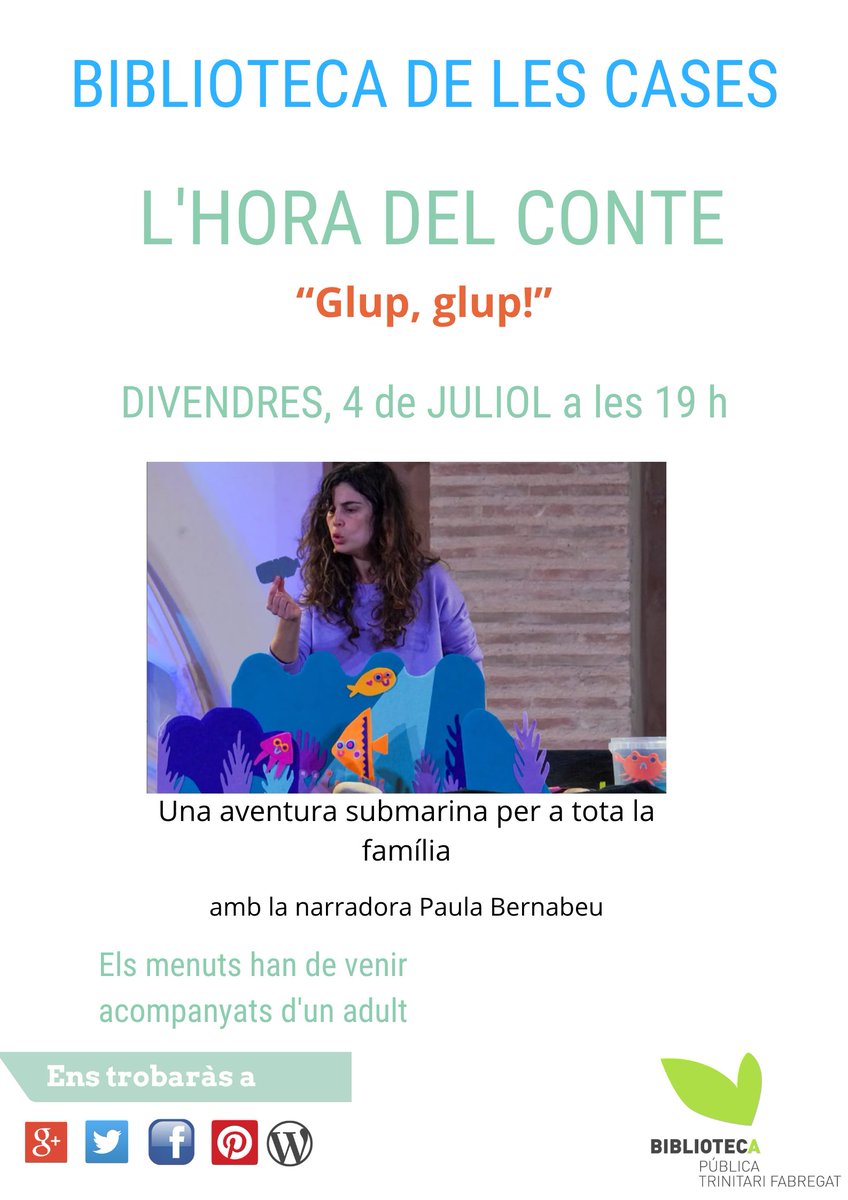 🦜 Divendres, 4 de juliol a les 19h
📌A la biblioteca de Les Cases
 📖L'hora del conte "Glup, glup!" amb Paula Bernabeu
'Una aventura submarina per a tota la família' 
#horadelconte #quèfemalesbiblios