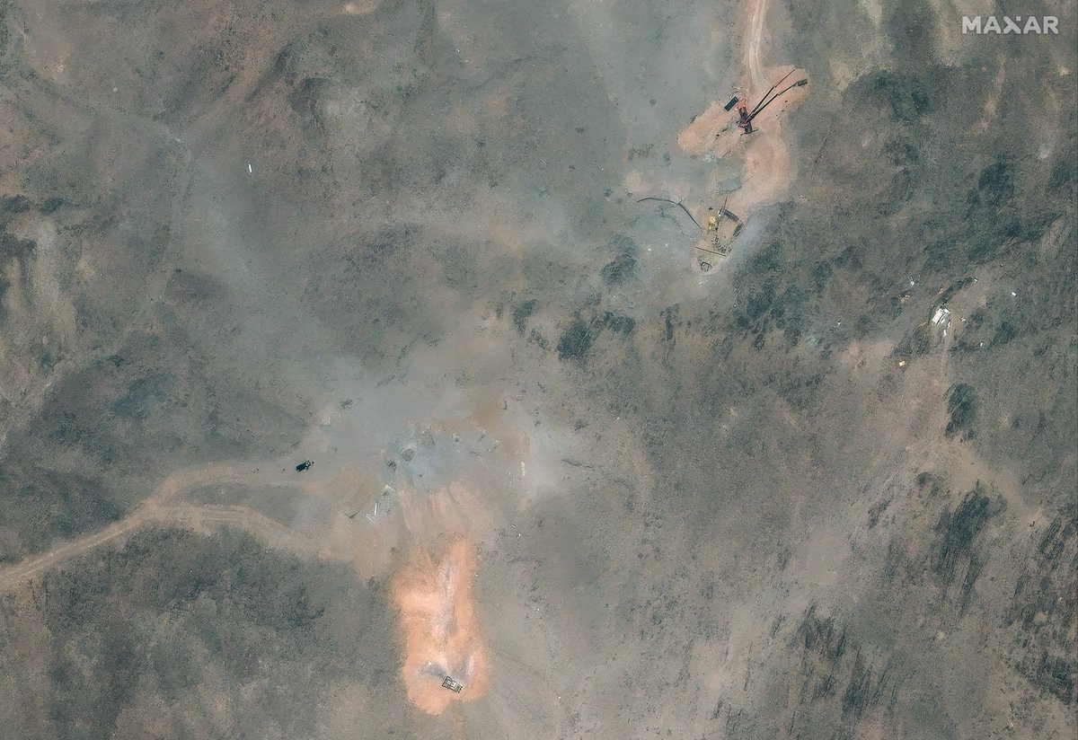 byjepstein's tweet image. New satellite imagery captured of Fordow today shows bulldozers and excavators continue to work around the two sets of holes caused by last month's US airstrikes on the Iranian nuclear facility.
(📸: @Maxar)