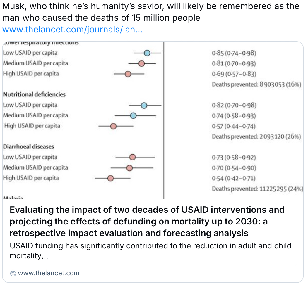 BoothDean's tweet image. Mr. "I never hurt anybody" Musk is responsible for at least 15 million deaths. Evil.
