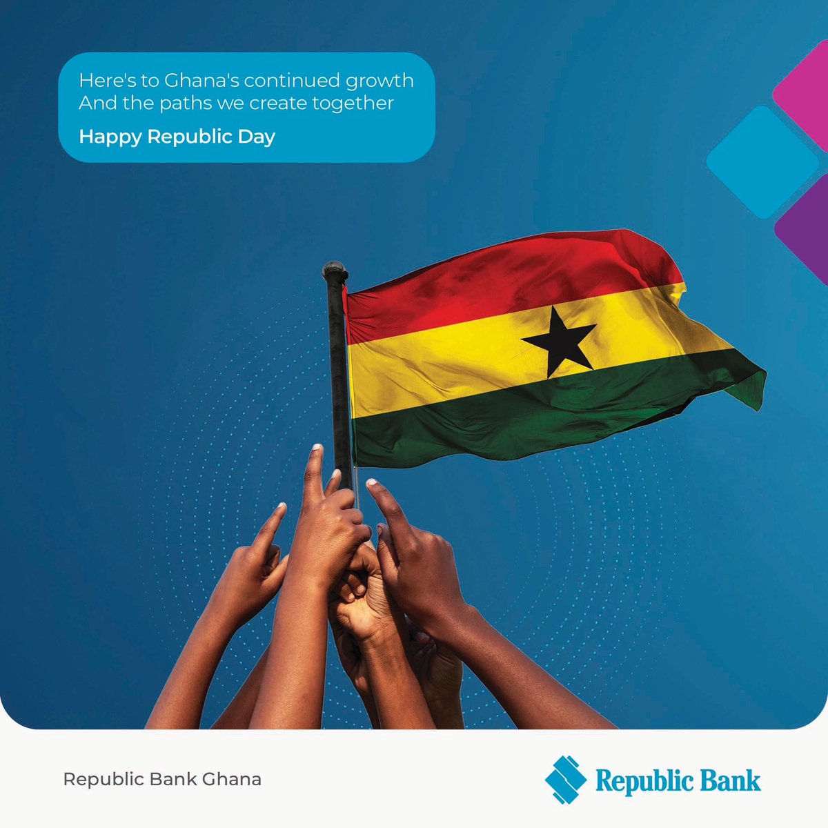 Happy Republic Day, Ghana🇬🇭 
Today, we celebrate growth with pride. 
Let’s continue building a future together rooted in freedom, unity, and progress. 
Ayekoo to all Ghanaians.🇬🇭✨