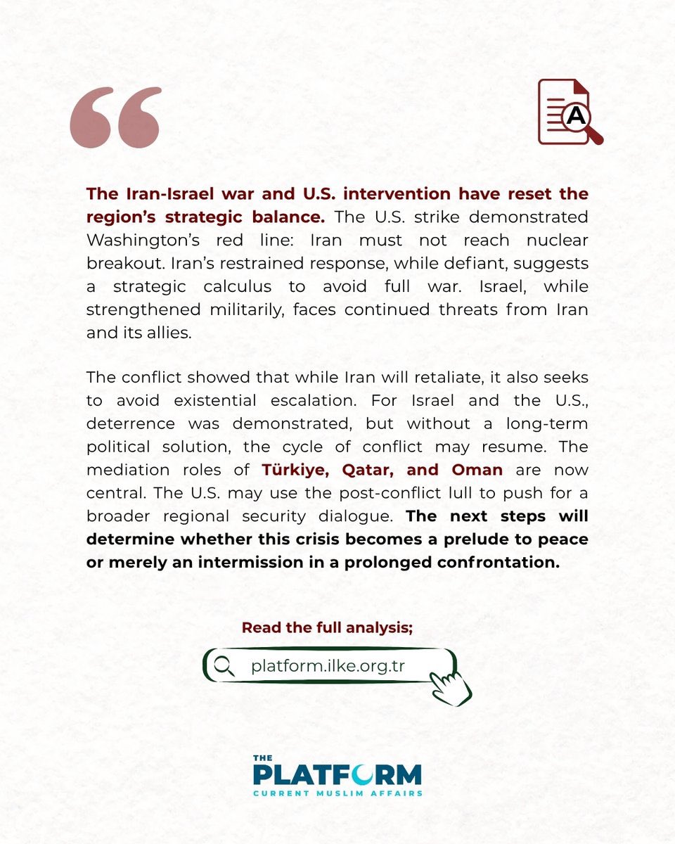 A ceasefire was signed between Iran and Israel, mediated by the U.S. and Qatar. But tensions remain high—is this a prelude to peace, or merely an intermission in a prolonged confrontation?

Muaz Sami Yousef (<a href="/muaz_sami/">Muaz Sami</a>) wrote for The Platform.

🔗 platform.ilke.org.tr/analyze/the-ne…