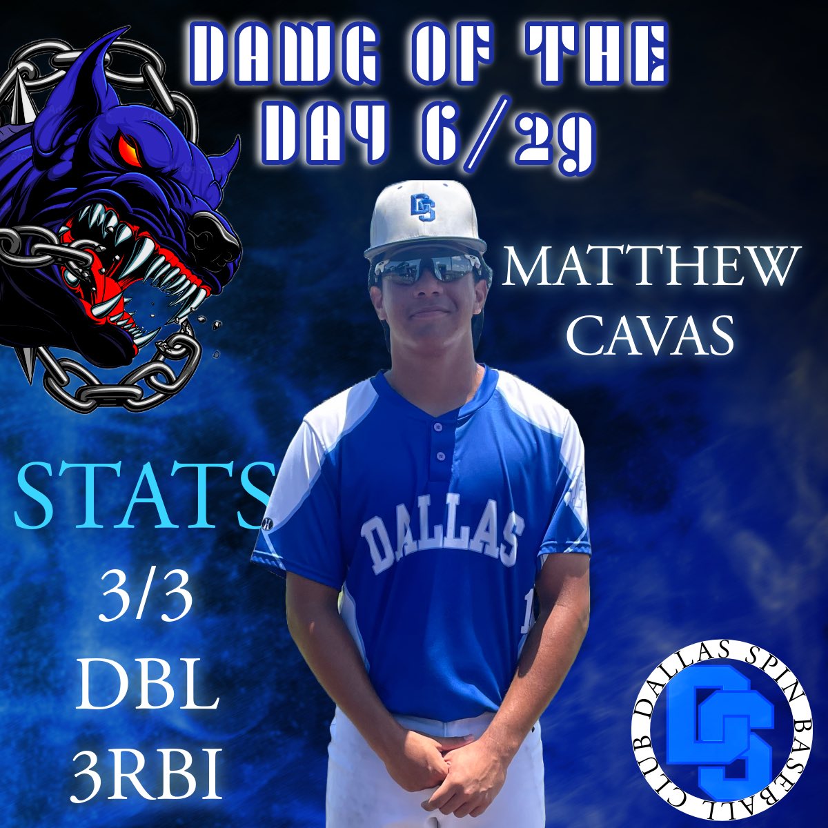Matthew Cavas was our Dawg of the Day for 6/29! Matthew was all over the ball going 3 for 3 with a double and 3RBI!