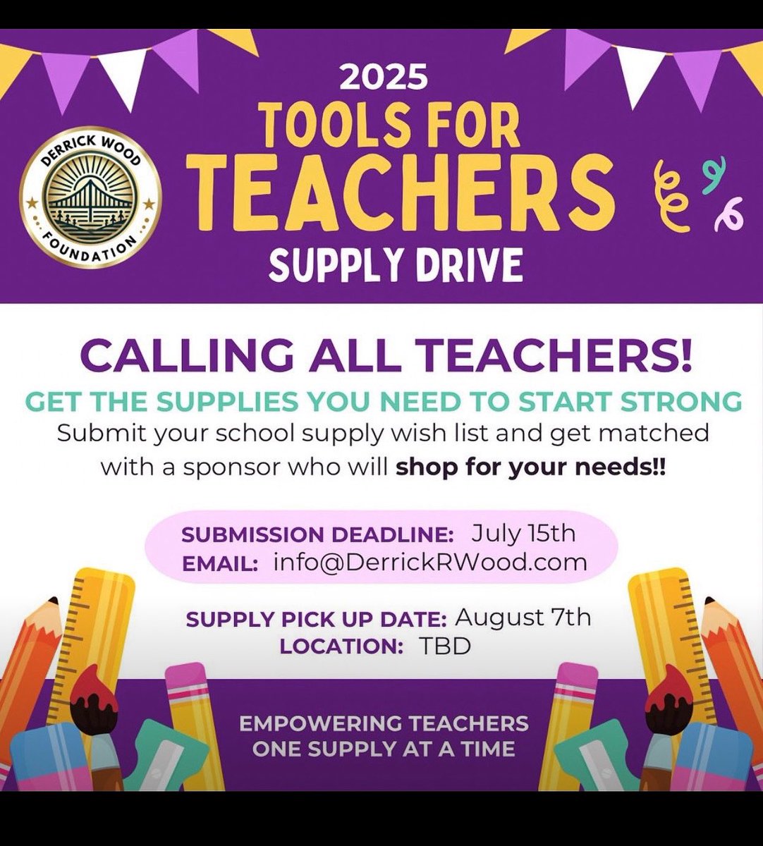 PWPerspective's tweet image. From @DRWood77
The Derrick Wood Foundation is proud to launch our 2025 Tools for Teachers Supply Drive to help local educators get the support they deserve. If you’re a teacher, submit your classroom wish list by July 15 to be matched with a sponsor who may help cover.