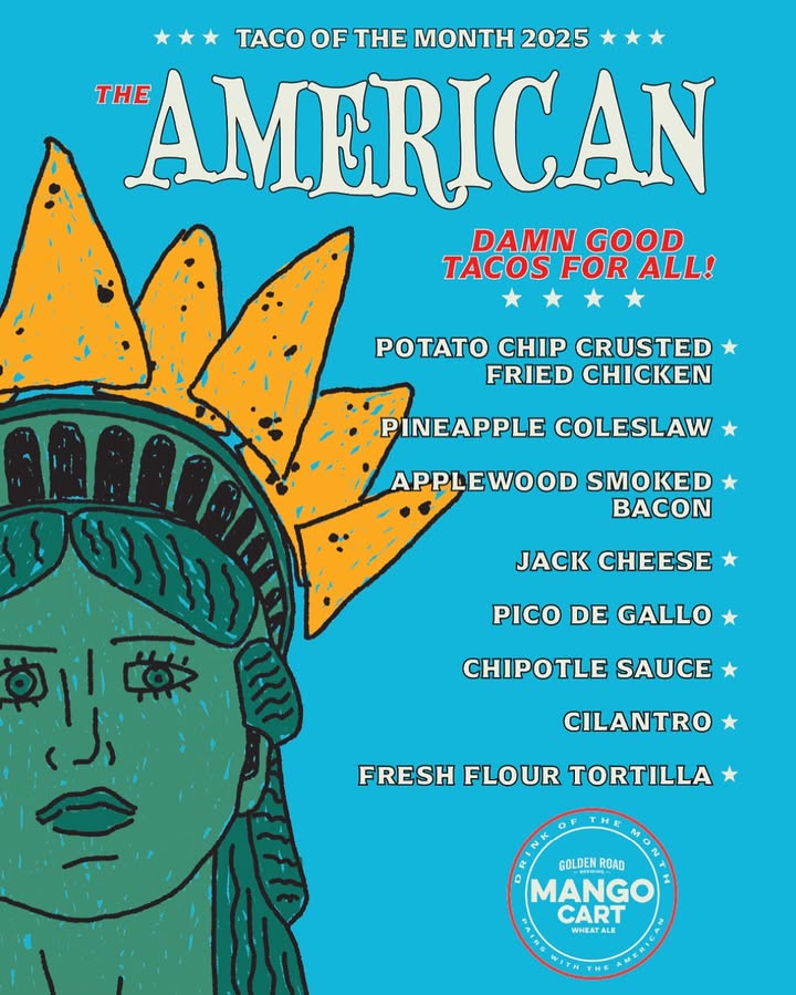 Cue the fireworks, The American is BACK through July!🧺🎇🗽

Head over for a melting pot of flavors that include potato chip crusted chicken, pineapple coleslaw, applewood smoked bacon, jack cheese, pico de gallo, chipotle sauce and cilantro wrapped in a fresh flour tortilla.