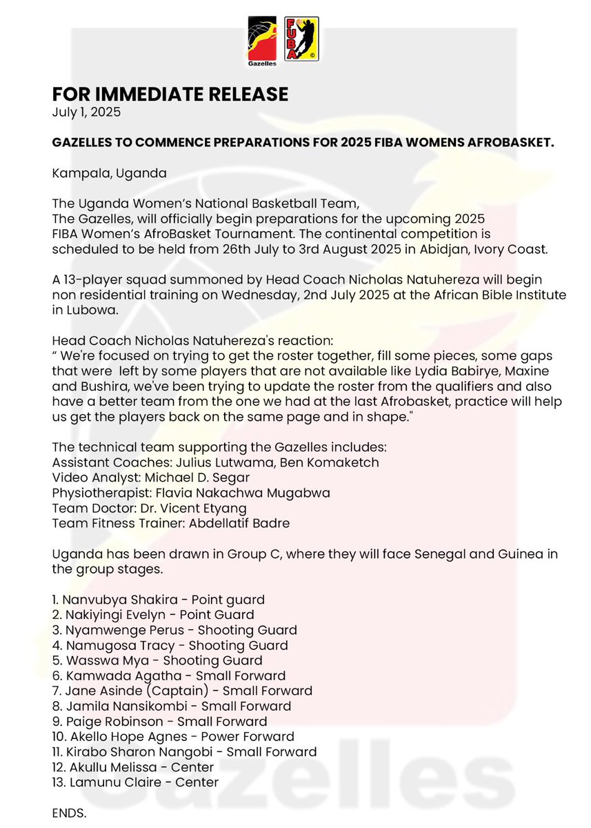 PRESS RELEASE 

#GazellesBasketball