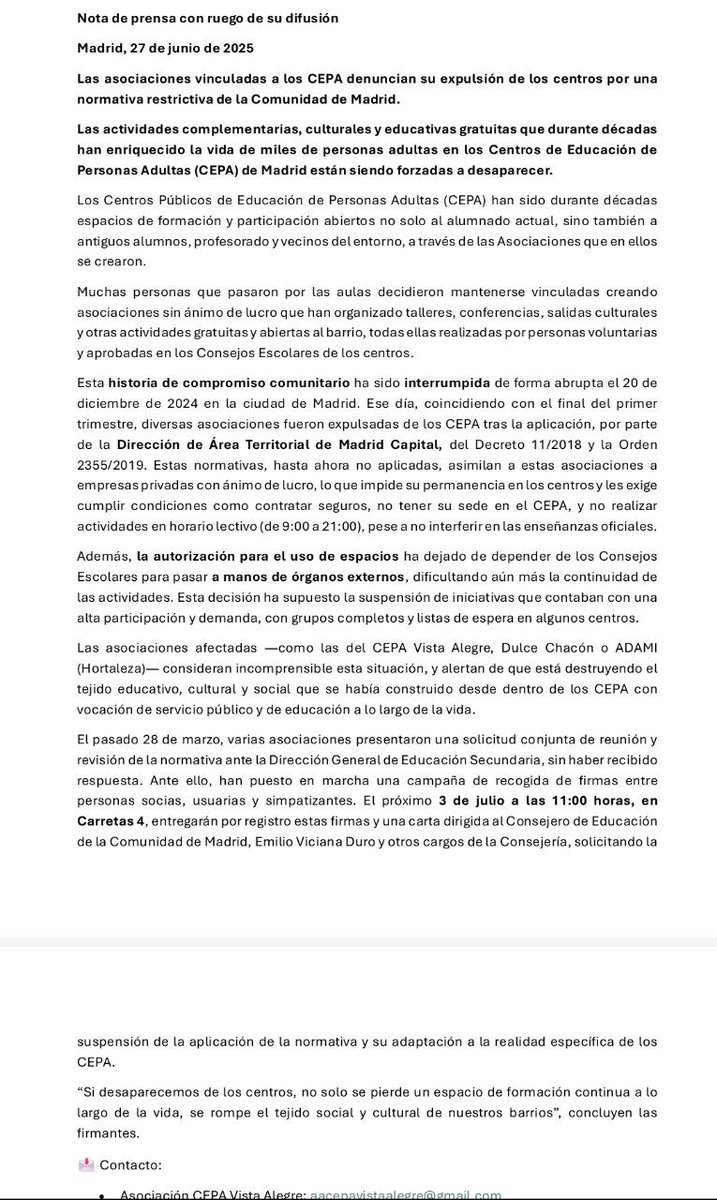 Alicia_Torija_L's tweet photo. Las asociaciones de los #CEPA vienen realizando una labor imprescindible social, cultural y democrática.
Al consejero @EVicianaDuro se ve que le molestan y quiere imponer una normativa que hace imposible que continúen con su labor.
Desde que tuvimos conocimiento del tema hemos registrado varias preguntas parlamentarias para pedir explicaciones.
Desde @MasMadrid__ todo nuestro apoyo 💪 para revertir la situación.
