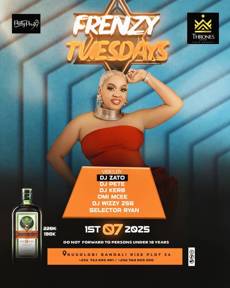 Tonight at <a href="/throneskampala/">throneskampala</a>, join Frenzy Tuesdays with <a href="/ZaharaTottoZATO/">zahara totto fieldmarshal entertainer</a>, <a href="/deejaykerb/">Deejay Kerb</a>, <a href="/SelectaRyan_/">Selecta Ryan 🇺🇬</a>, <a href="/kagzpete/">deejaypete</a>, and <a href="/deejaywizzy256/">Deejay Wizzy 256</a> spinning, plus Omi MC hyping the crowd!