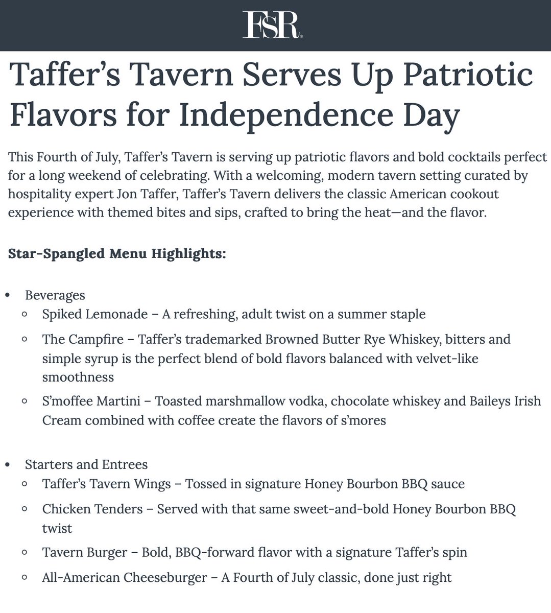 tafferstavern's tweet image. Celebrate 4th of July summer flavors like BBQ, lemonade, and s'mores at Taffer's Tavern. Thank you @FSRmag for the feature. 🎆 🤩