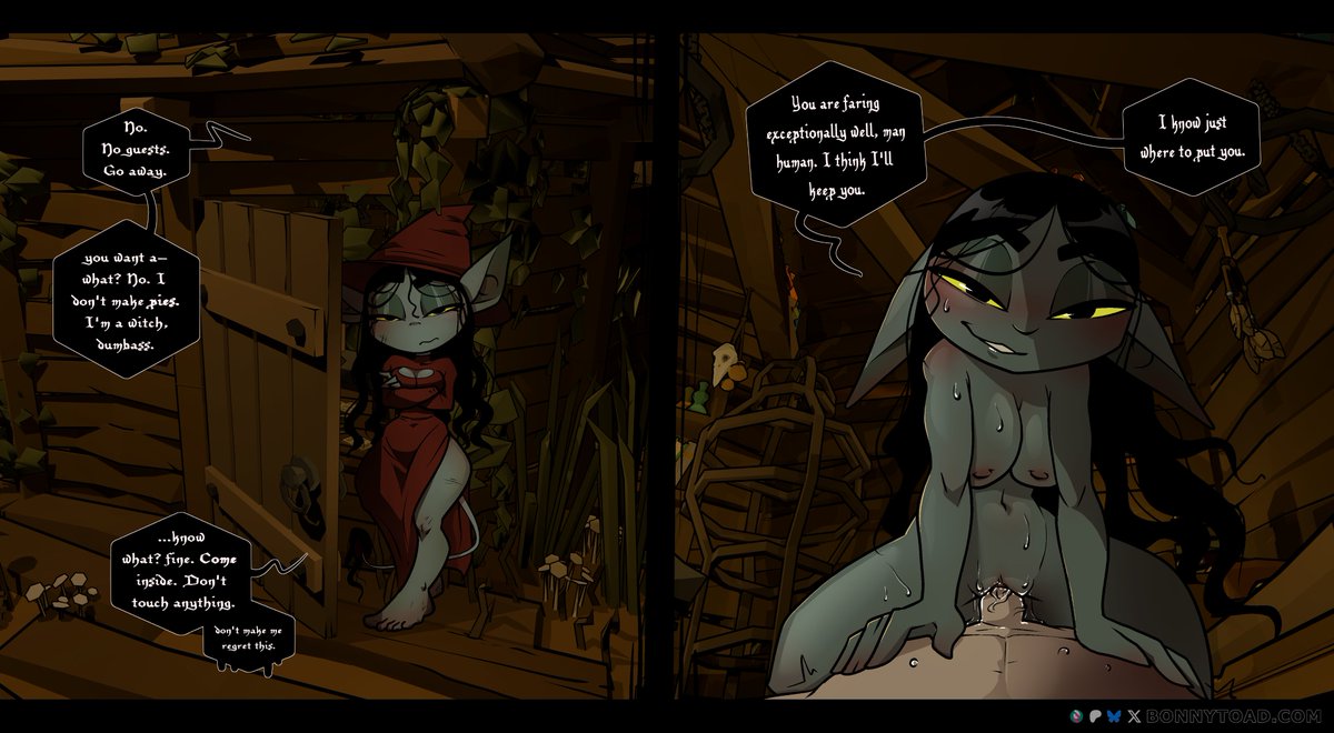 You find a strange shack deep in the forest. Just as you notice all the crickets have fallen silent, the door opens. You have a proposition. She seems interested. What do you do?