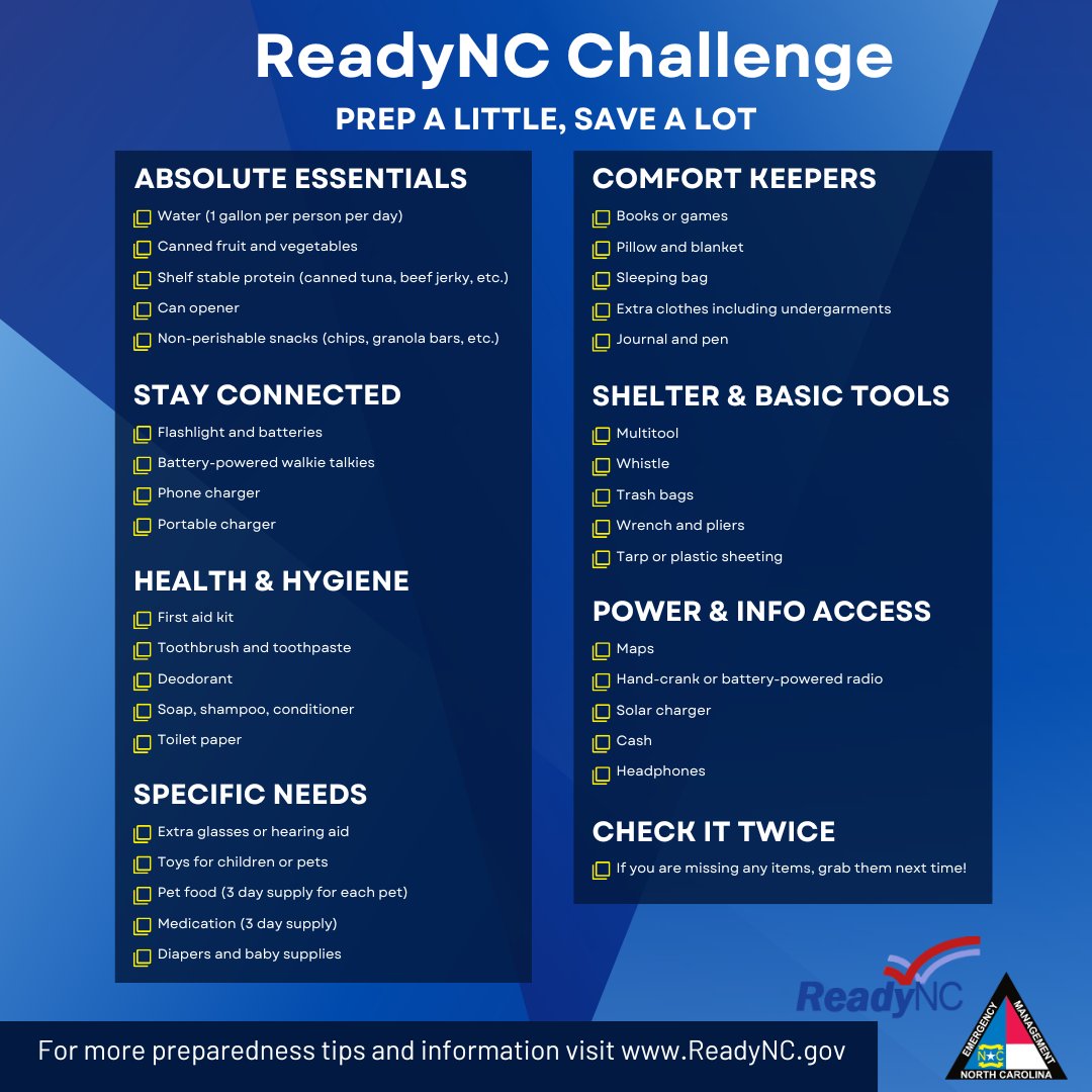Get ready, NC! July &amp; August are #PrepALittleSaveALot months. We're
breaking down emergency kit building into weekly, budget-friendly steps. Stay
tuned! #ReadyNC, #PrepALittleSaveALot, #EmergencyKit