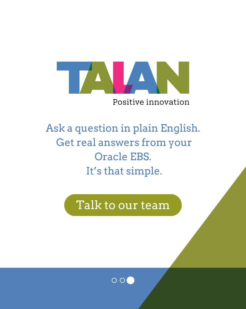 TalanOracleTech's tweet image. Ask a question in plain English.
Get real answers from your Oracle EBS.
It’s that simple.
talan.com/americas/en/or…
#OracleEBS