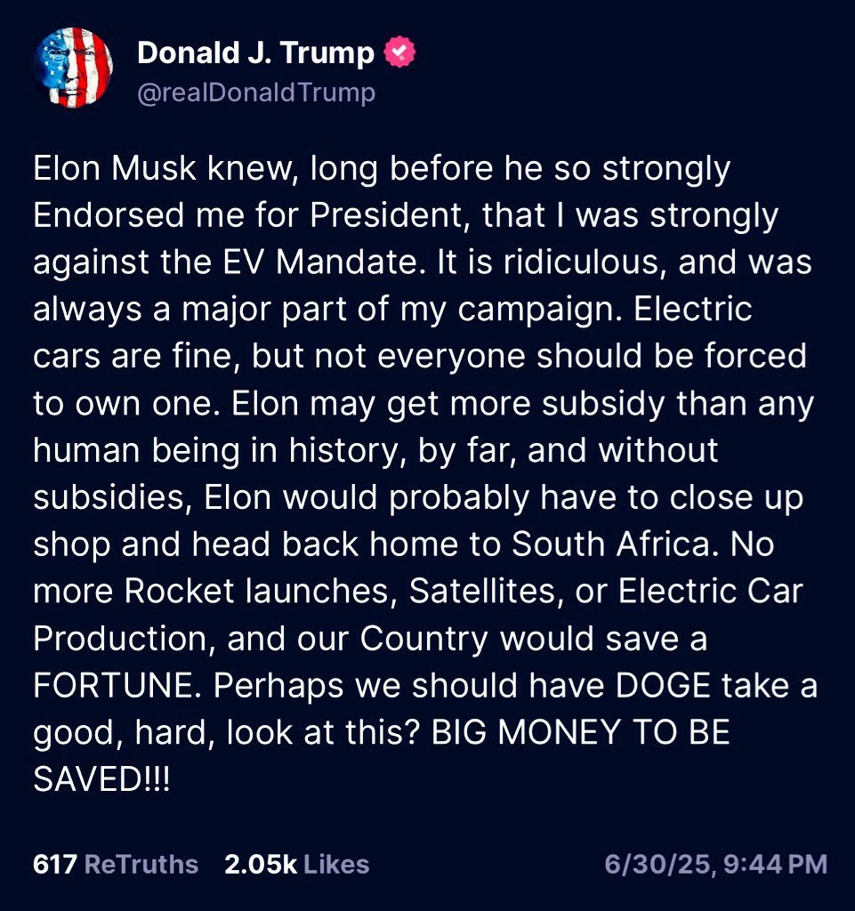 I suspect this will be an inflection point for a lot of people.  Having Trump throw Elon under the bus for obviously disingenuous reasons is self-defeating.  He will anger many more people than he will impress with his bravado this time.

<a href="/elonmusk/">Elon Musk</a> was not motivated by the EV