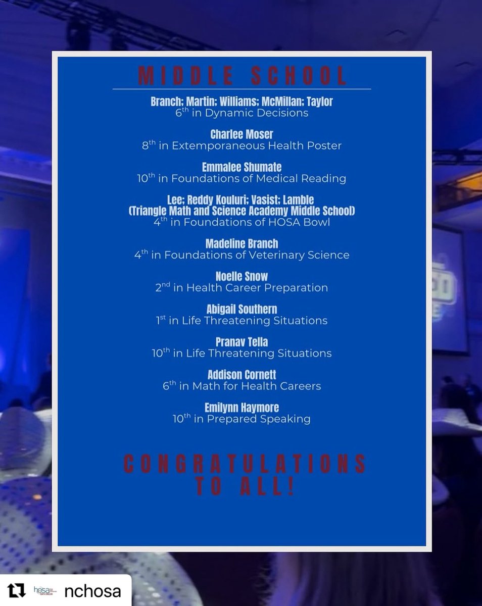 CTEforNC's tweet image. 📸: @nchosa 

Congratulations to all of our NC HOSA Competitive Event Winners at the International Leadership Conference! 🏆✨ 
We are #CTEproud!!! 🎉🎉🎉