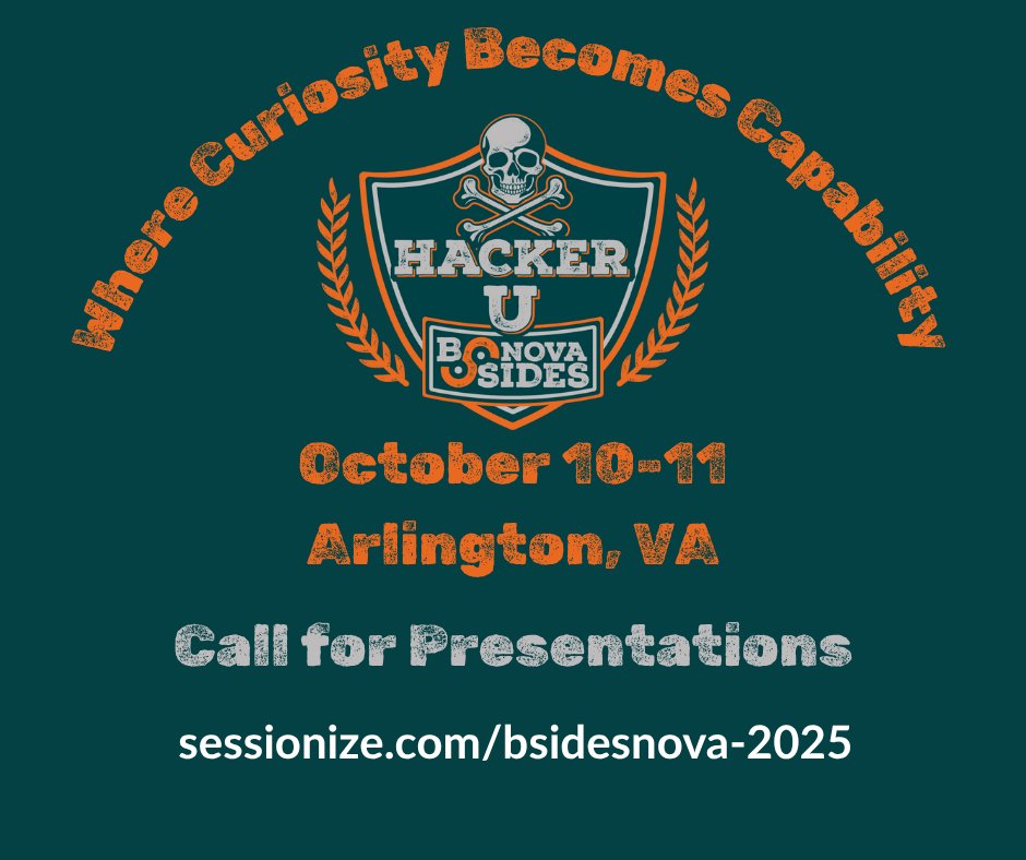 ☠️Apply to Hacker U --- if ye dare! ☠️

🏴‍☠️Security BSides Northern Virginia
🍂October 10-11, 2025
📍George Mason University - Mason Campus
🔍sessionize.com/bsidesnova-202…
"Where Curiosity Becomes Capability"