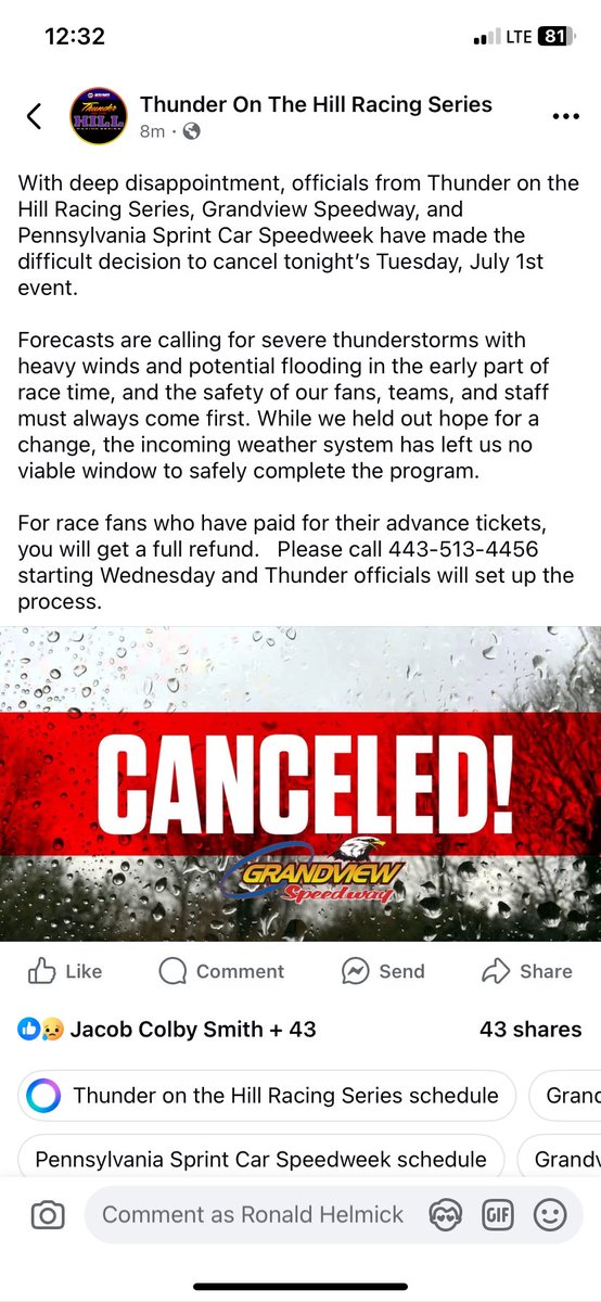Tonight’s <a href="/PASpeedWeek/">PA Speedweek</a> event at Grandview has been cancelled
