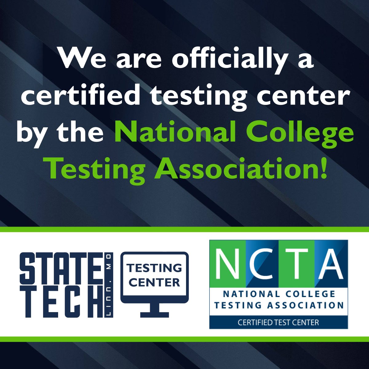 The State Tech Testing Center is officially a certified testing center by the National College Testing Association! #StateTechMO
