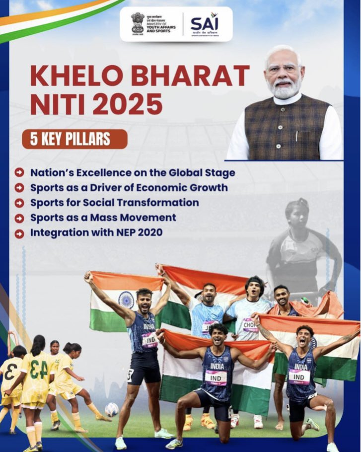 wanithaashok's tweet photo. Under the visionary leadership of Hon’ble PM @narendramodi ji, Khelo Bharat Niti 2025 marks a historic leap towards a fitter, stronger, and more athletic India.
    #KheloBharatNiti           @PMOIndia  @IndiaSports @Media_SAI https://t.co/e85Na2mZv5