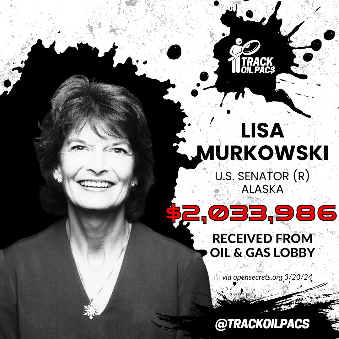 TrackOilPACs's tweet photo. Shameful, @lisamurkowski. 

Selling our future to line up pockets of the fossil fuel executives. https://t.co/LCNGi2xRnZ