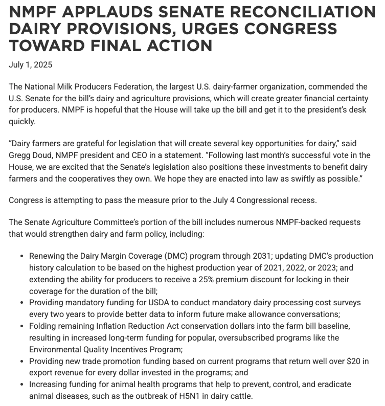 RapidResponse47's tweet photo. National Milk Producers Federation Applauds Senate Reconciliation Dairy Provisions, Urges Congress Toward Final Action @nmpf https://t.co/zl3lhqpp2y