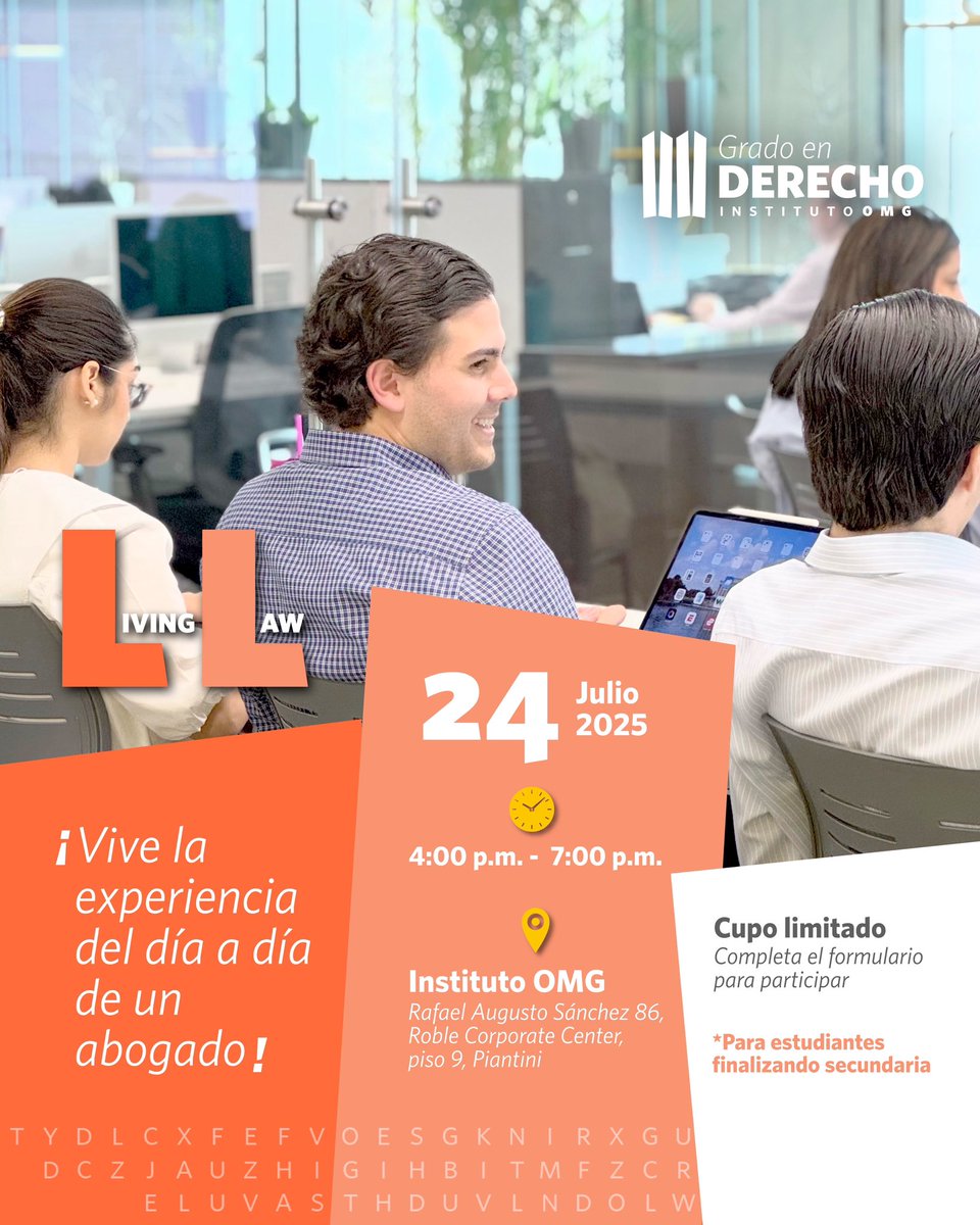 ¿Estás interesado en estudiar Derecho? Acompáñanos a nuestro próximo #LivingLaw 🤩

💬 Comparte con alguien que quiera estudiar Derecho
💻 Completa el formulario para participar lnkd.in/eQWnPBk3

#GDIOMG #Transformadores #Derecho #TransformamosElDerecho #InstitutoOMG #IOMG
