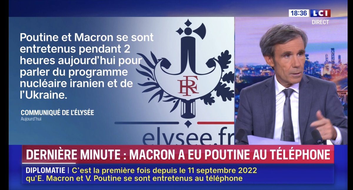 AgnesCPoirier's tweet image. President Macron spoke for two hours with Vladimir Putin this afternoon. For the first time since September 2022. 🧐