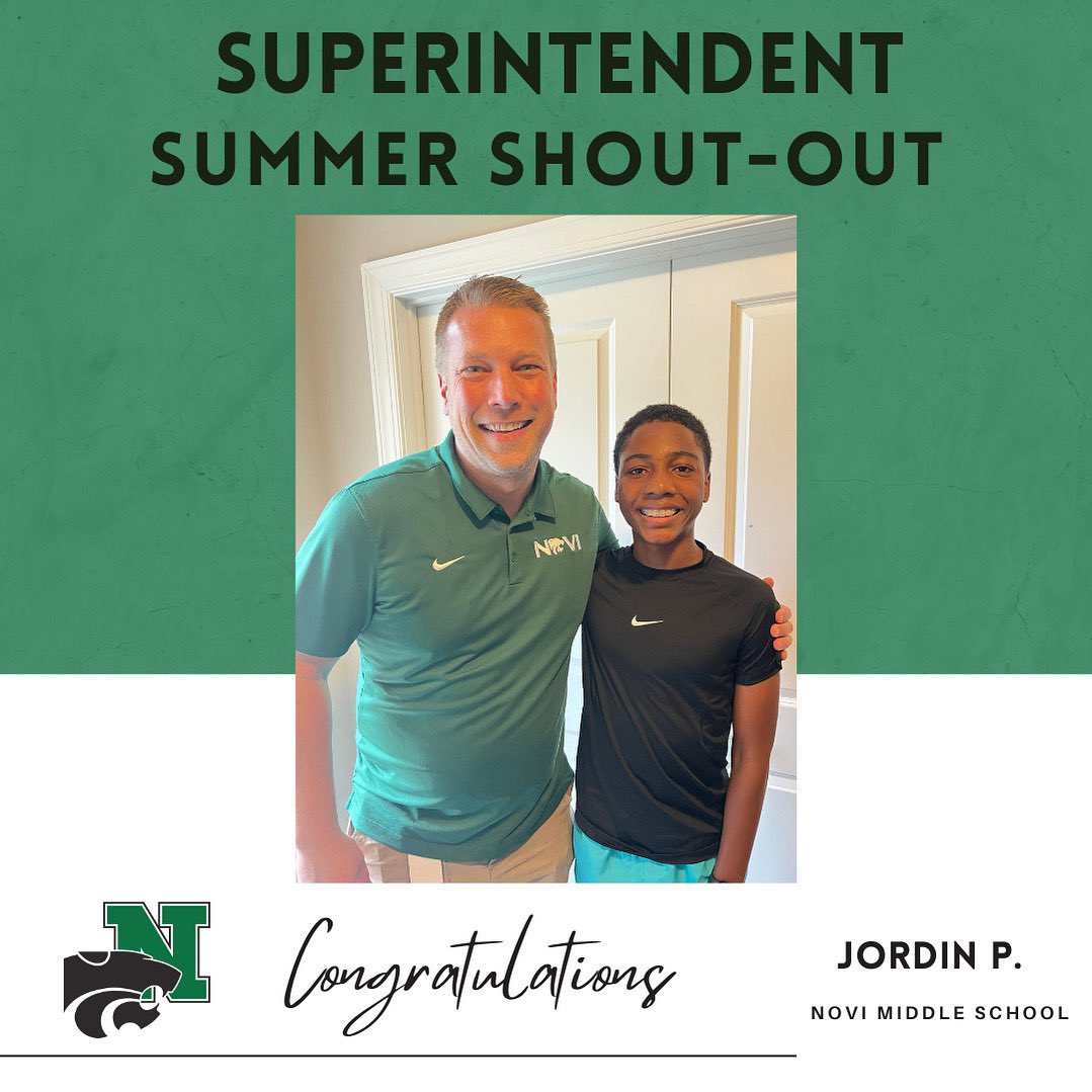 Novi Community School District (@ncsd) on Twitter photo Congratulations to Jordin P. of <a href="/novi_ms/">Novi Middle School</a> for receiving a Superintendent Summer Shout-Out! #NoviPride Congratulations to Jordin P. of <a href="/novi_ms/">Novi Middle School</a> for receiving a Superintendent Summer Shout-Out! #NoviPride