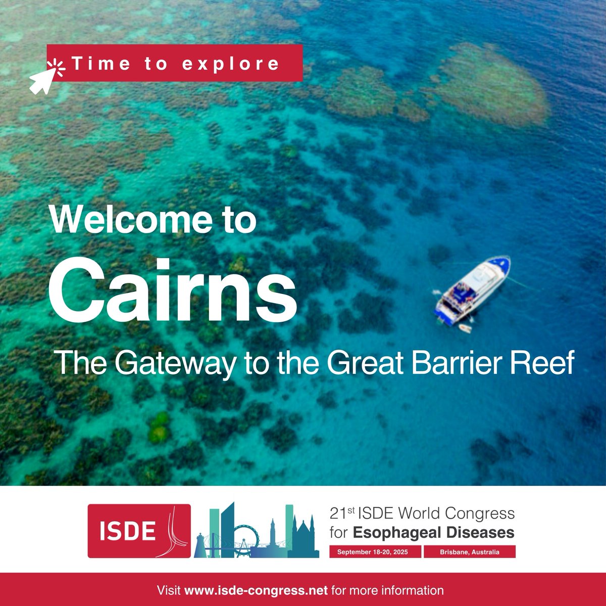 ISDE_net's tweet image. 🌏 Join us in Brisbane for #ISDE2025! Turn your work trip into an unforgettable escape. Explore Cairns, the gateway to the Great Barrier Reef. 🐠
📝 Register: isde-congress.net/registration
& start planning your adventure with @CairnsGBR!
#ThisIsQueensland #ISDE #esophagus #esophageal