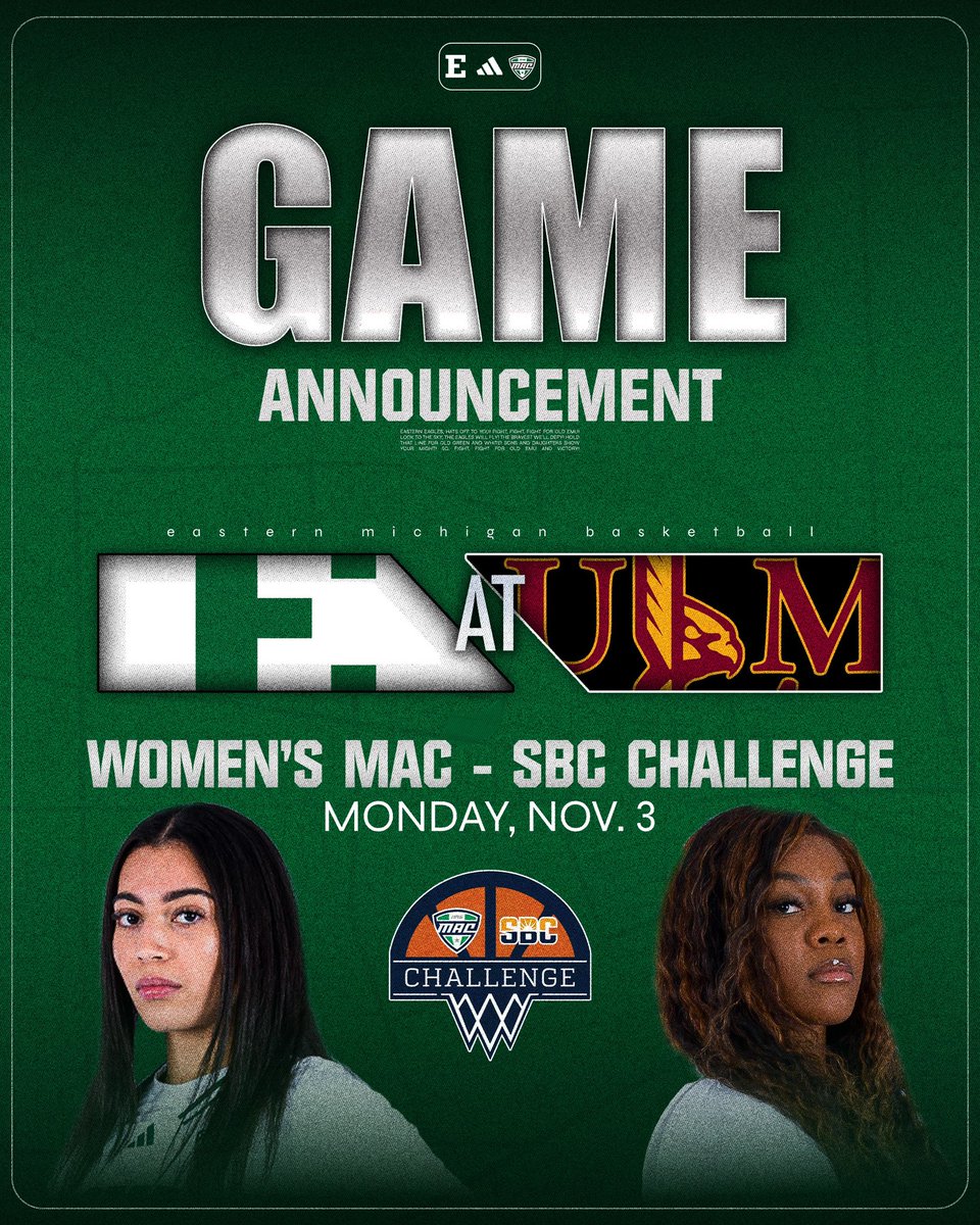 The countdown is on!⌛️🏀

We're taking on ULM to open the season in the MAC-SBC Challenge!👏

📰tinyurl.com/3syyp8nc

#EMUEagles | #GreenLightGO