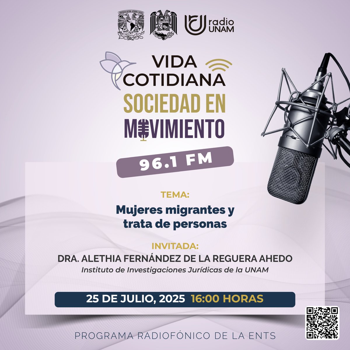 Escuela Nacional de Trabajo Social ENTS UNAM (@entsunamoficial) on Twitter photo Este viernes en:
Vida Cotidiana
Sociedad en Movimiento
Nos acompaña la Dra. Alethia Fernández de la Reguera Ahedo, <a href="/IIJUNAM/">Instituto de Investigaciones Jurídicas, UNAM</a>, para hablar del tema: Mujeres migrantes y trata de personas
🕗 16:00 horas
📻 Por la señal de <a href="/RadioUNAM/">Radio UNAM</a>
🌐 radio.unam.mx/programa_unam/… Este viernes en:
Vida Cotidiana
Sociedad en Movimiento
Nos acompaña la Dra. Alethia Fernández de la Reguera Ahedo, <a href="/IIJUNAM/">Instituto de Investigaciones Jurídicas, UNAM</a>, para hablar del tema: Mujeres migrantes y trata de personas
🕗 16:00 horas
📻 Por la señal de <a href="/RadioUNAM/">Radio UNAM</a>
🌐 radio.unam.mx/programa_unam/…