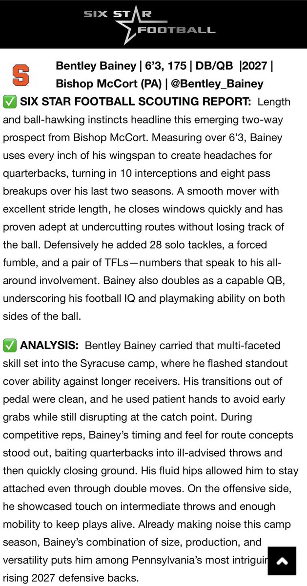 Bentley Bainey (@bentley_bainey) on Twitter photo Thank you <a href="/sixstarfootball/">Six Star Football | PLUS+</a> for the write up!! God gives us opportunities, it’s our job to work hard and seize them
<a href="/TASmith42/">Tom Smith</a> <a href="/CoachHornick/">Timothy Hornick</a> <a href="/CrusherFootball/">McCort-Carroll Catholic Football</a> <a href="/AMannicciCuse/">Aaron Mannicci</a> <a href="/AlexKellyCuse/">Alex Kelly</a> <a href="/Coach_JeremyR/">Jeremy Ruskin</a> <a href="/CoachArchieC/">Archie Collins</a> <a href="/BainbridgeCoach/">CoachJohnBainbridge</a> <a href="/GHinsdalePITT/">Gerrit Hinsdale</a> <a href="/KevinMoses38/">Kevin Moses LLC</a> <a href="/AlexEgno/">Alex Egnotovich</a> Thank you <a href="/sixstarfootball/">Six Star Football | PLUS+</a> for the write up!! God gives us opportunities, it’s our job to work hard and seize them
<a href="/TASmith42/">Tom Smith</a> <a href="/CoachHornick/">Timothy Hornick</a> <a href="/CrusherFootball/">McCort-Carroll Catholic Football</a> <a href="/AMannicciCuse/">Aaron Mannicci</a> <a href="/AlexKellyCuse/">Alex Kelly</a> <a href="/Coach_JeremyR/">Jeremy Ruskin</a> <a href="/CoachArchieC/">Archie Collins</a> <a href="/BainbridgeCoach/">CoachJohnBainbridge</a> <a href="/GHinsdalePITT/">Gerrit Hinsdale</a> <a href="/KevinMoses38/">Kevin Moses LLC</a> <a href="/AlexEgno/">Alex Egnotovich</a>