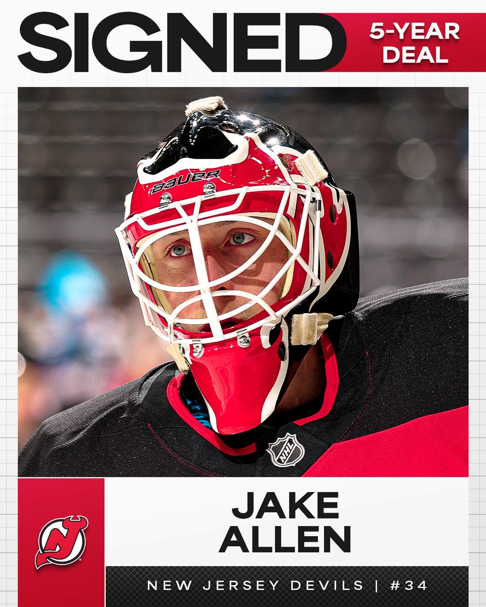 NHL (@nhl) on Twitter photo NOT GOING ANYWHERE 💪
Jake Allen has inked a five-year extension to stay with the <a href="/NJDevils/">New Jersey Devils</a>! #NHLFreeAgency NOT GOING ANYWHERE 💪
Jake Allen has inked a five-year extension to stay with the <a href="/NJDevils/">New Jersey Devils</a>! #NHLFreeAgency