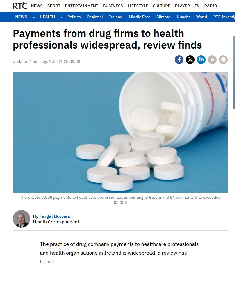 TraceyOMahony81's tweet image. The headline should read -
"Medical Practitioners in Ireland employed by pharmaceutical companies to sell their products to unsuspecting patients"
The below article states that in 2023, drug companies in Ireland made 4,509 payments to healthcare professionals, totaling more…