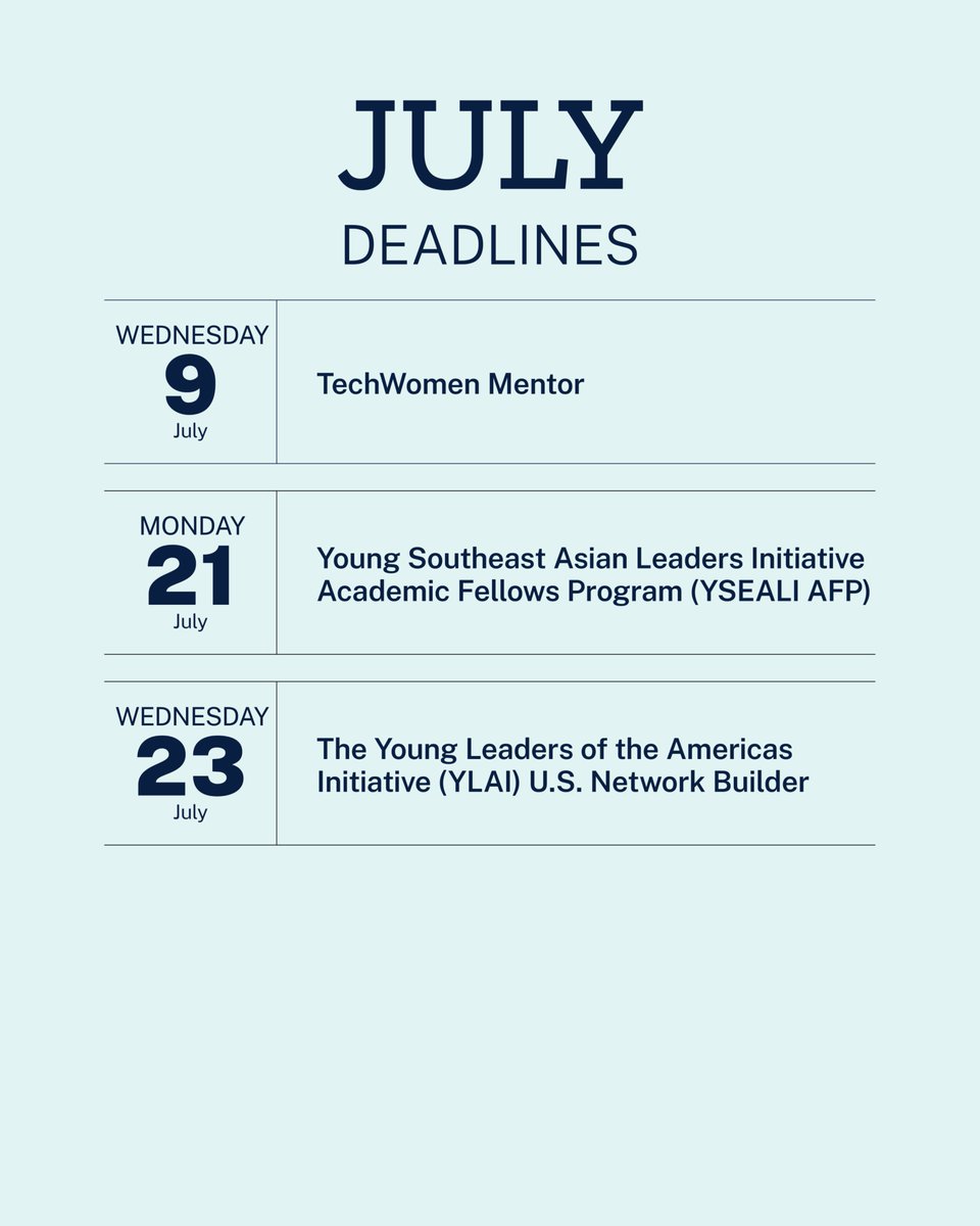 ECAatState's tweet image. New month... new chances to lead at home and abroad. @StateDept exchange programs build skills that help emerging leaders grow professionally, gain fresh perspective, and make global connections.
Don’t miss your chance to make an impact. Application links are in the comments.