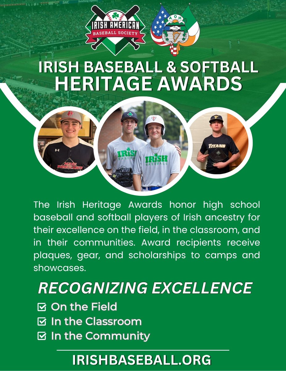 ACCEPTING APPLICATIONS: The 2025 Irish Baseball and Softball Heritage Awards ☘⚾🥎

Apply Here: bit.ly/irishheritage2…

Scroll down to learn more! 

1/

#Irish #IrishAmerican #baseball
