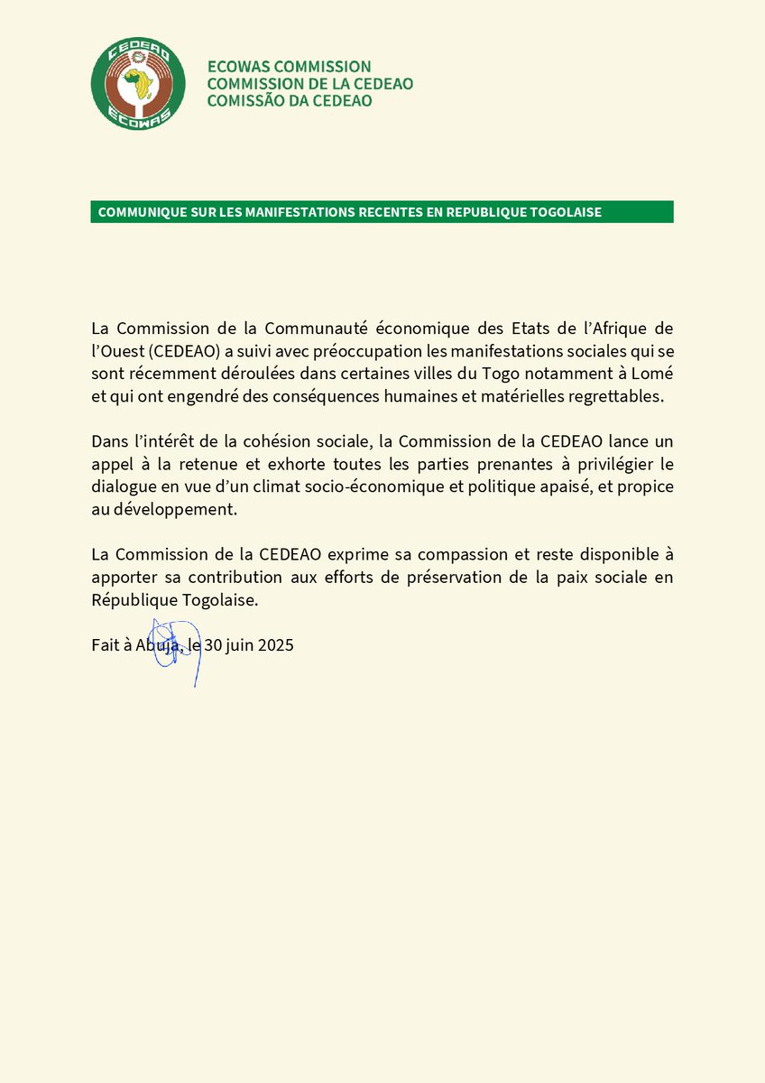 Un communiqué laconique de la CEDEAO sur la situation socio-politique au Togo