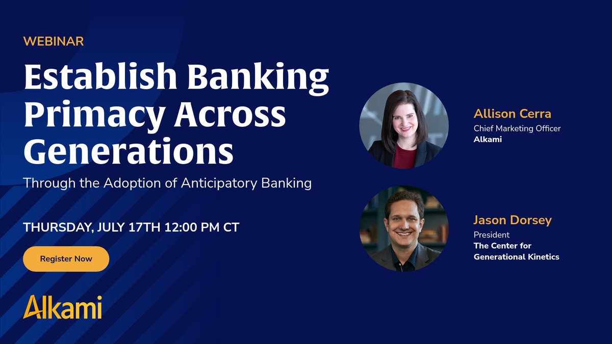 📣 WEBINAR: Establish Banking Primacy Across Generations

Alkami and Jason Dorsey of The Center for Generational Kinetics will discuss how digital banking experiences, generational shifts, and AI are transforming the way account holders choose and engage with their financial