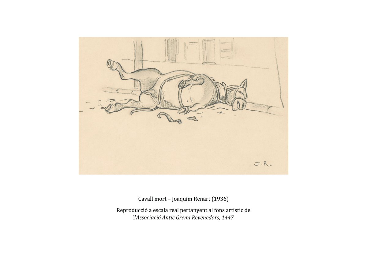 revenedors's tweet image. 🖌️ #TalDiaComAvui de 1936, l&apos;artista i decorador Joaquim Renart dibuixava un cavall mort i abatut al terra del carrer Diputació. 

Feia només quatre dies que havia començat la Guerra Civil.