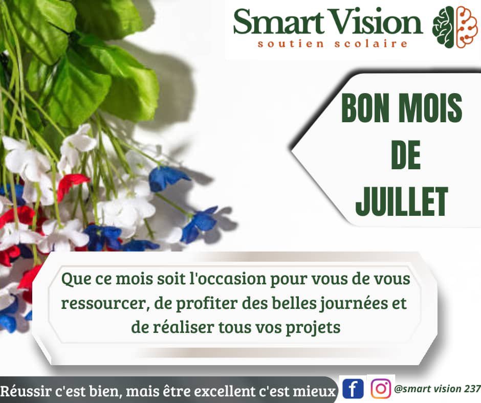 SmartVision_Edu's tweet image. Nous vous souhaitons un mois de juillet exceptionnel, rempli de bonheur, de réussite et d’excellence ! ☀️✨

C&apos;est l&apos;occasion parfaite pour se ressourcer, se fixer de nouveaux objectifs et continuer à apprendre.
#SmartVision