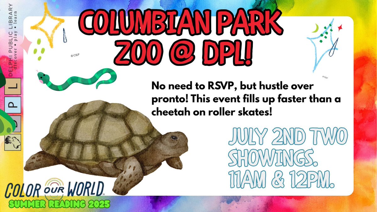 Join us at the Delphi Public Library on July 2nd for a thrilling day with the Columbian Park Zoo! Enjoy two sessions, with the first kicking off at 11am. No RSVP needed, but arrive early as spots fill up fast. Don’t miss this chance to see amazing zoo animals up close! #ZooDay