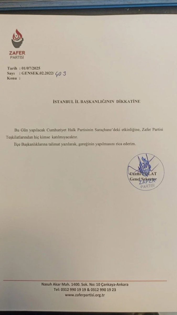 Zafer Partisi'nden teşkilata: Saraçhane mitingine kimse katılmayacak açıklaması yapılmış.

 %100000 doğru karar. Buna itiraz edip tepki gösternler cevap versin; 

- ‘Mehmetçik Katillerine Af Yok’ mitinglerine niye katılmadınız?

- Madem Ekrem İmamoğlu'nun 100 gününde Saraçhane'ye