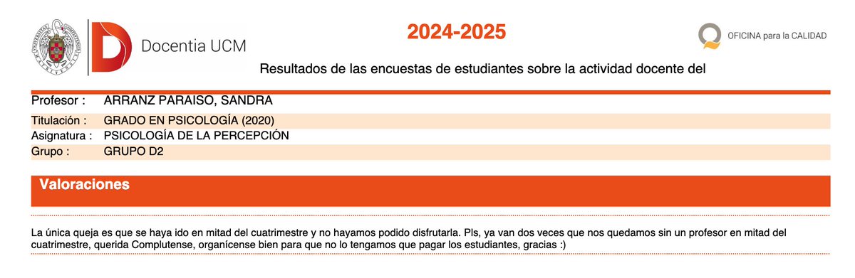 Comparto con más ilusión que nunca y, como es normal, muy emocionada, las últimas valoraciones docentes que tuve en la Universidad que me vio crecer, la <a href="/unicomplutense/">Complutense</a>. Ojalá poder volver a impartir Percepción. Queridos alumnes, nos vemos en la <a href="/UAM_Madrid/">UAM Autónoma Madrid</a>