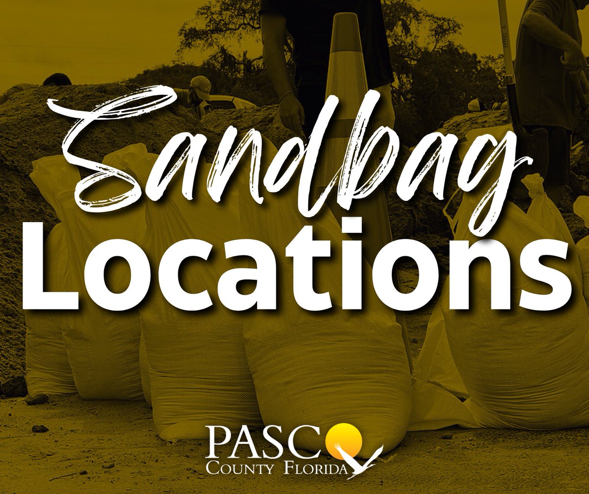 PascoCountyPIO's tweet image. With heavy rain anticipated, #PascoCounty is reminding you that two sandbag stations are available to help protect property in low-lying areas from potential flooding.  Sand and sandbags are available at the following locations:  
📍 Public Works C-Barn – 30908 Warder Rd, San…