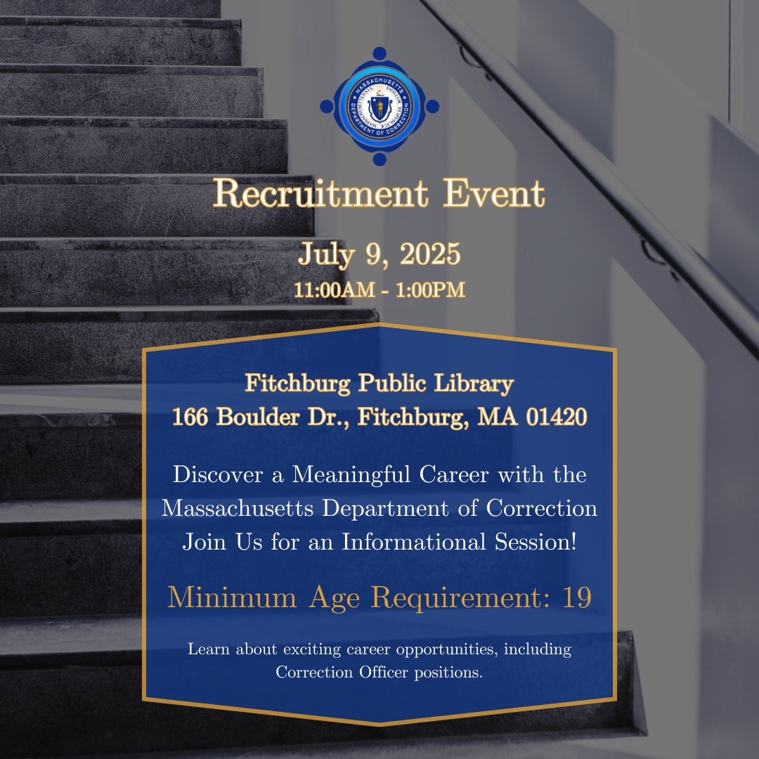 MACorrections's tweet image. 📣 Interested in a career with the Massachusetts DOC?
📍We’re holding two recruitment events next week to help you take the first step toward a rewarding career in public safety.
📅 Tuesday, July 8 – Brockton Public Library
📅 Wednesday, July 9 – Fitchburg Public Library
