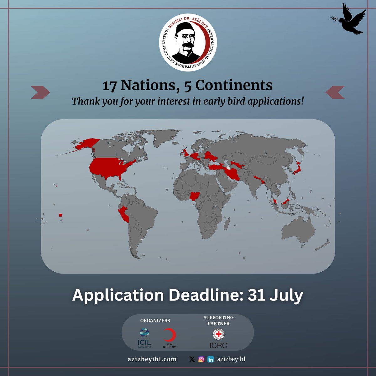 17 nations and 5 continents so far!   

Thank you for your great interest in early-bird applications!  

Applicants still have a chance to apply until  31 July to learn and practice IHL in a global community.  

For more information, please visit our website: