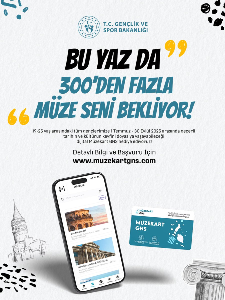 🎟️Müzekart GNS ile bu yaz kültür ve sanat dolu!

🗓️1 Temmuz-30 Eylül 2025 tarihleri boyunca 300’den fazla müze ve ören yerini ücretsiz gezme fırsatını yakala! 

Sen de 19-25 yaş arasındaysan, hemen başvur!

📍Detaylar: muzekartgns.com