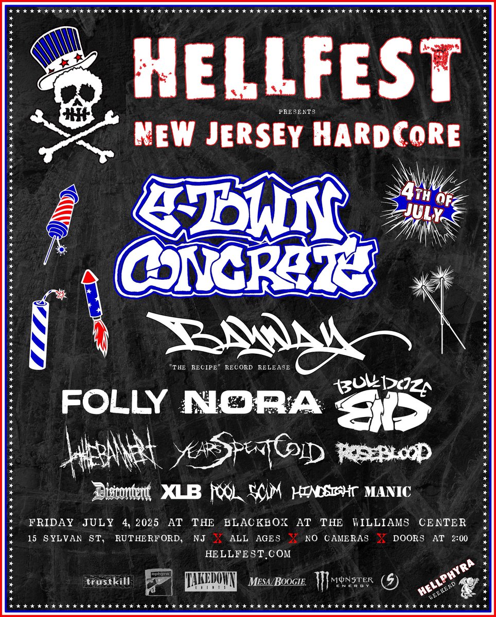 THIS FOURTH OF JULY! 🇺🇸

Catch <a href="/etownconcrete/">etown</a>, <a href="/BaywayNJ/">BAYWAY</a>, <a href="/FOLLY_NJ/">FOLLY</a>, <a href="/norariotsquad/">NORA</a>, and many more at The Blackbox at The Williams Center in Rutherford, NJ!

TICKETS FOR THE 4TH, AS WELL AS ADDITIONAL SHOWS WITH MORE BANDS ON JULY 5TH &amp; 6TH, AVAILABLE ONLINE (link below) 🖤