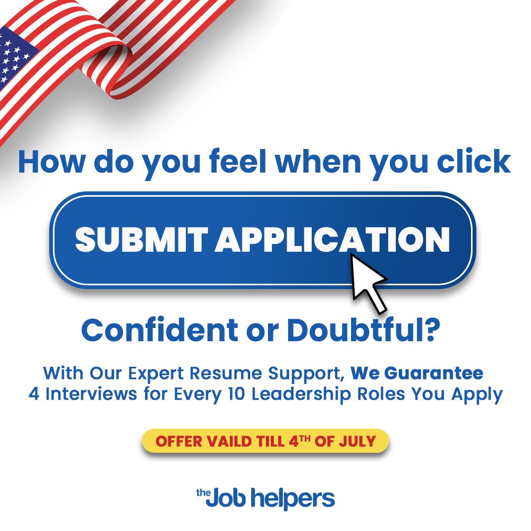 Feeling unsure when you click “Submit Application”? It’s not your skills, it’s your resume.
We guarantee 4 interviews for every 10 leadership roles you apply for. This 4th of July week, get a free resume review from our experts
📩 shorturl.at/7RhfV
#thejobhelpers #4thJuly