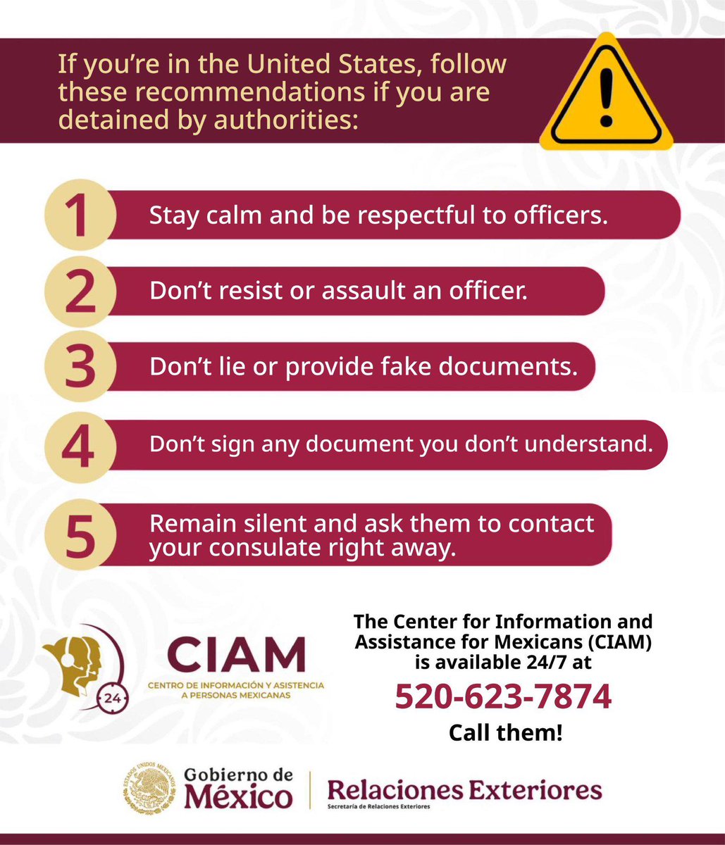 Remember, your rights are always with you. If you deal with U.S. authorities or are taken into custody, you can reach out to your 🇲🇽Mexican Consulate for help.

We are here for you and your family, just one call away at 📞520-623-7874.

#ConsularProtection