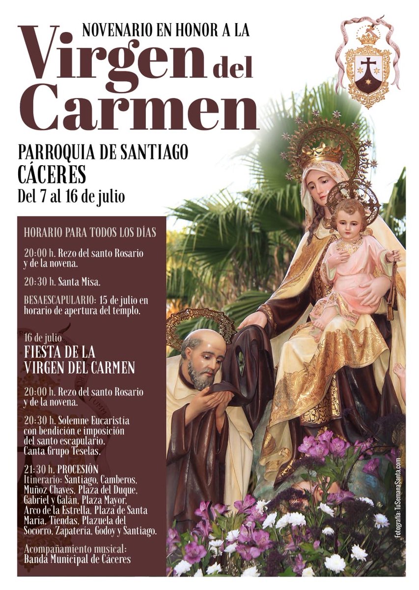 cofradiavaquero's tweet image. 🤎🤍 CULTOS A LA SANTÍSIMA VIRGEN DEL CARMEN
Nuestra Parroquia de Santiago celebra la novena en honor de Nuestra Señora del Carmen. Toda la info ⬇️
🔴 Hará falta gente para cargar en la procesión y para el traslado de andas, así que... ¡TE ESPERAMOS!
¡VIVA LA VIRGEN DEL CARMEN!